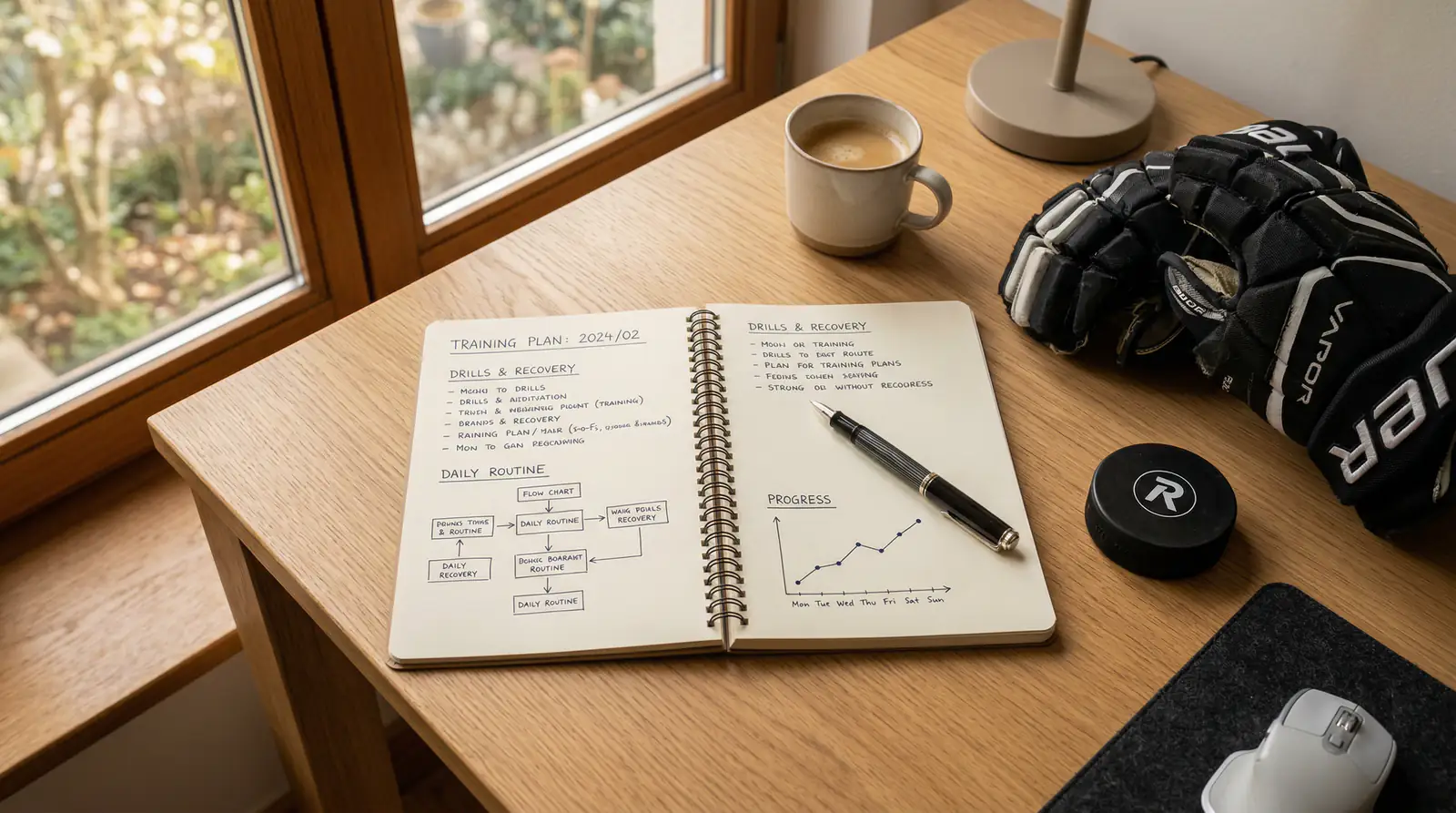 Notizbuch mit Stift und Eishockey-Ausrüstung auf einem Schreibtisch