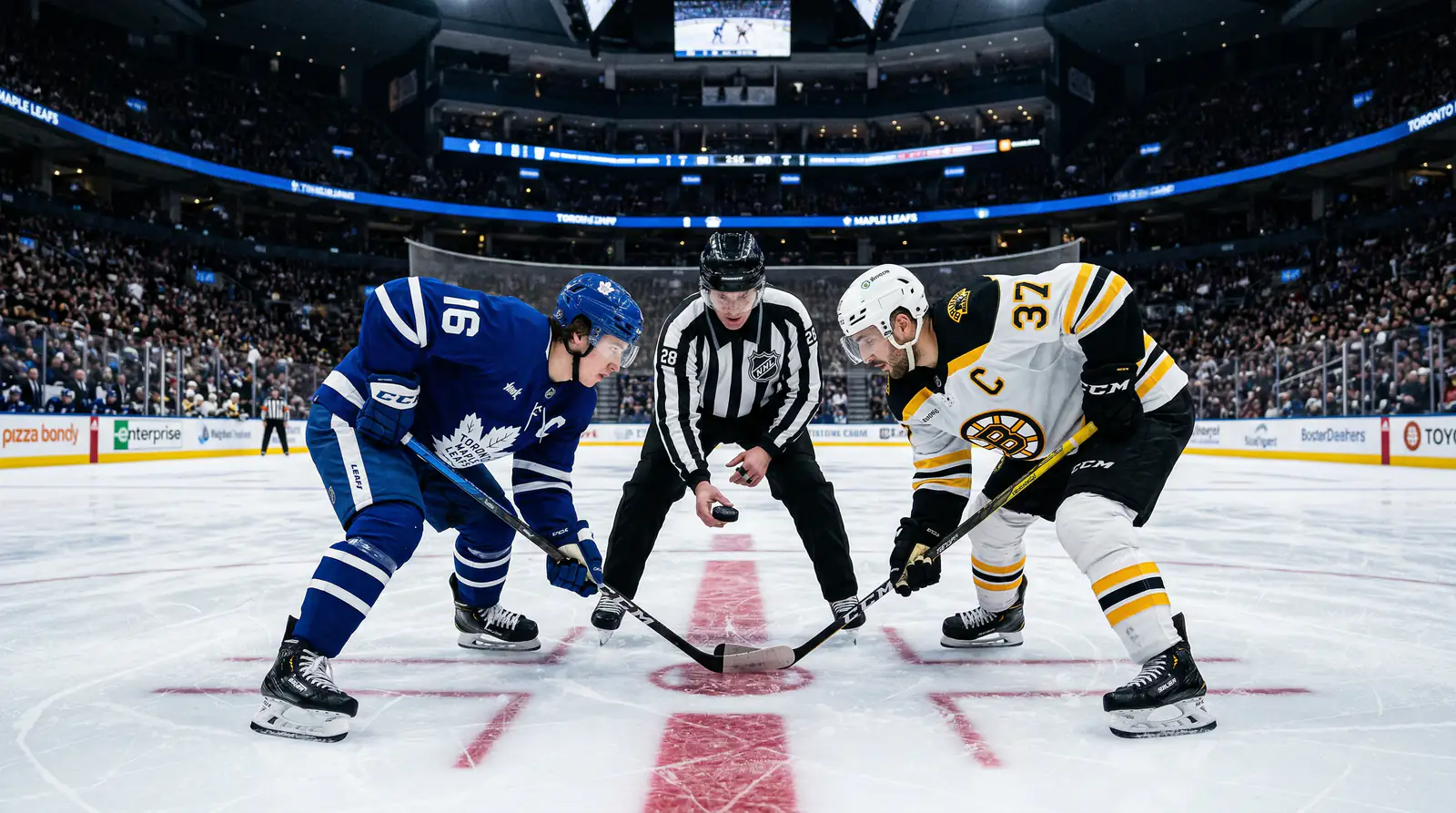 Eishockey-Bully am Mittelpunkt der Eisfläche mit zwei Spielern