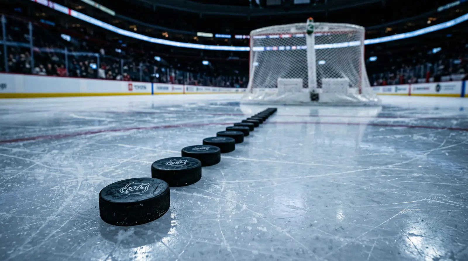 Mehrere Eishockey-Pucks aufgereiht auf der Eisfläche vor einem Tor