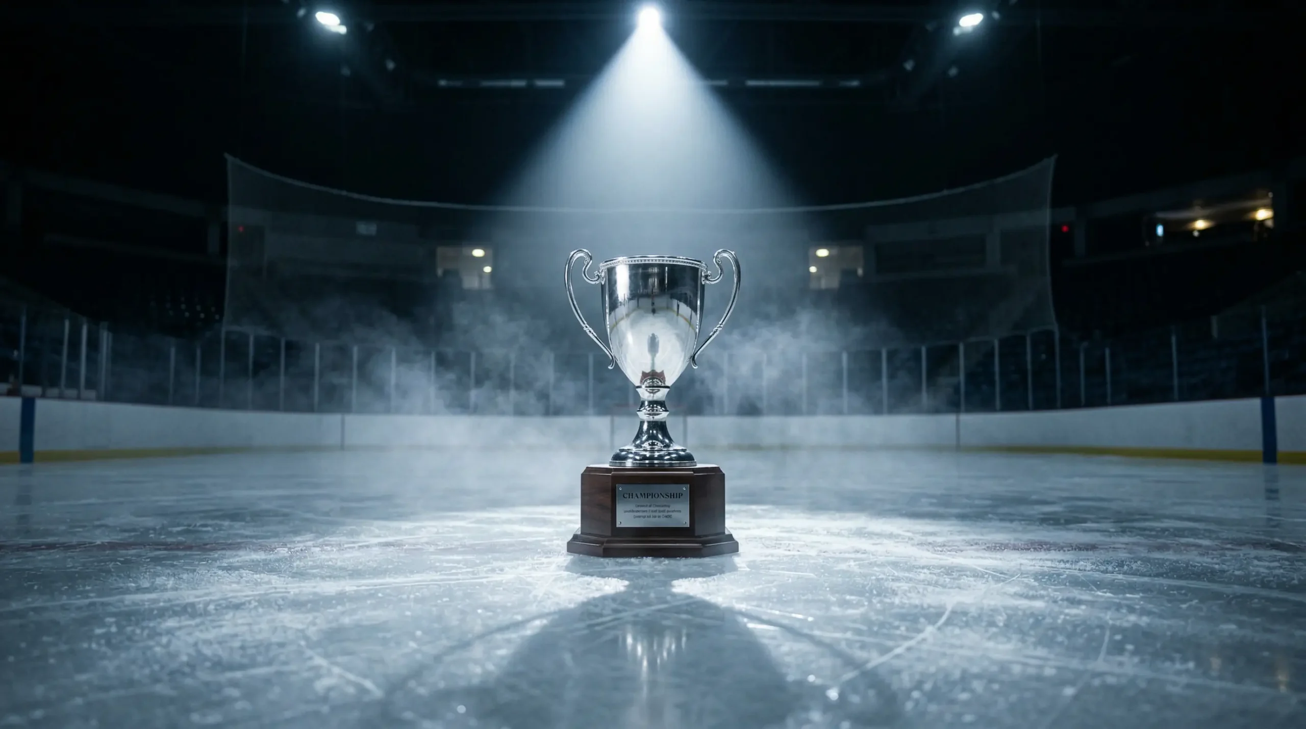 Silberner Eishockeypokal auf Eis unter Spotlicht in einer dunklen Arena