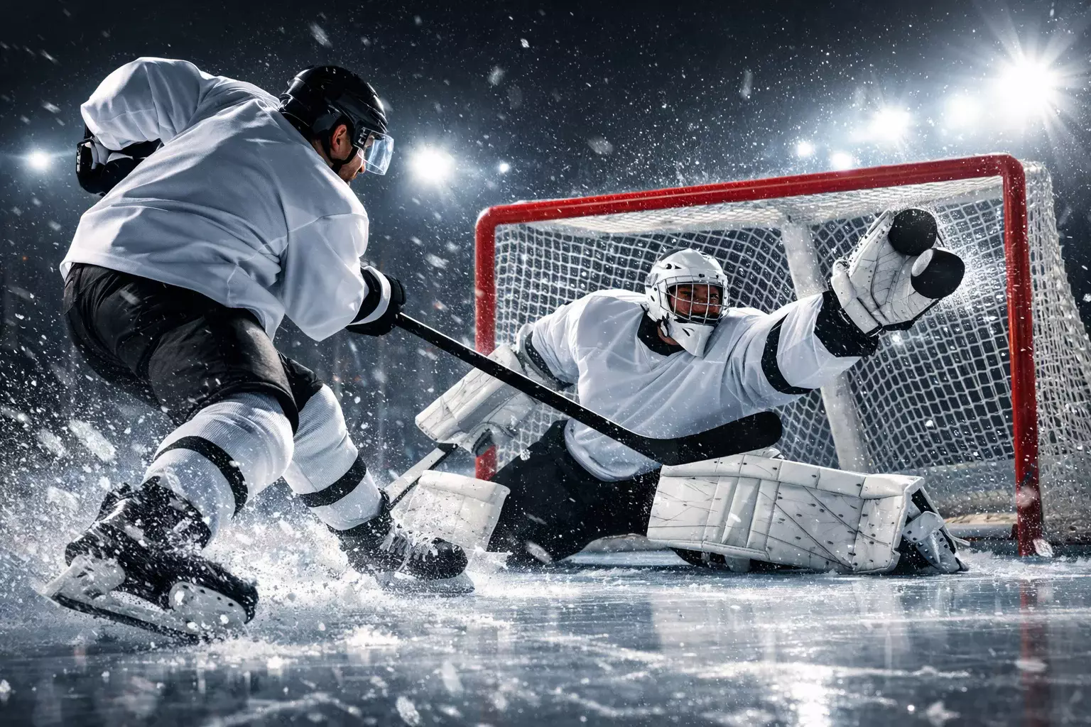 Eishockey-Torschuss im entscheidenden Moment eines Spiels