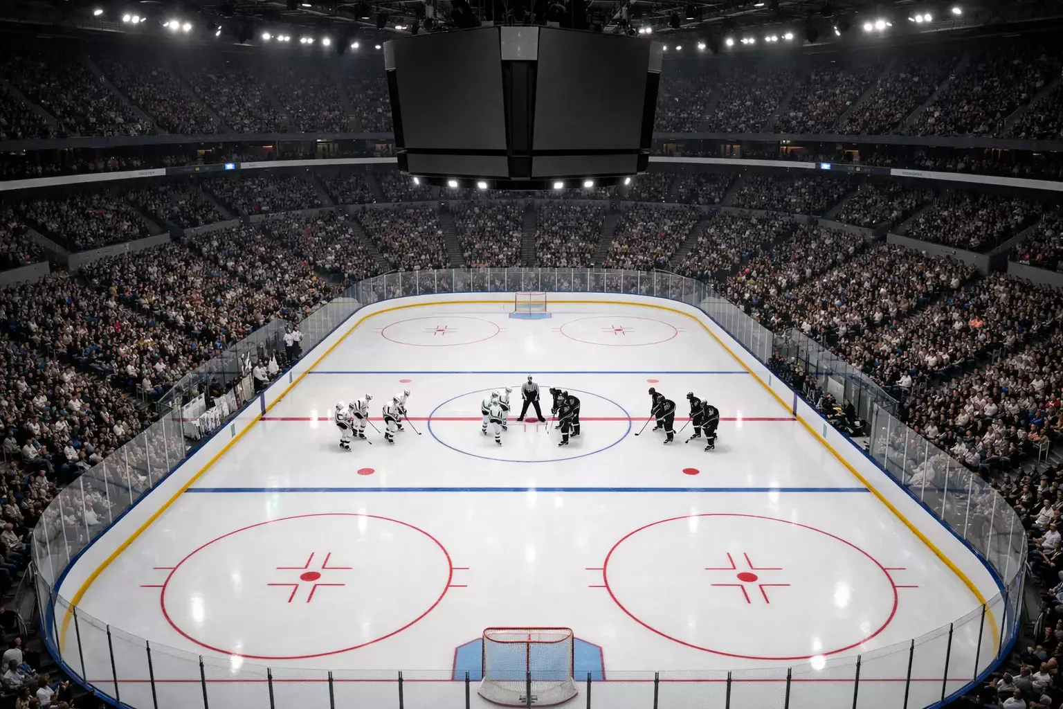 Volles NHL-Stadion mit Fans und beleuchteter Eisfläche