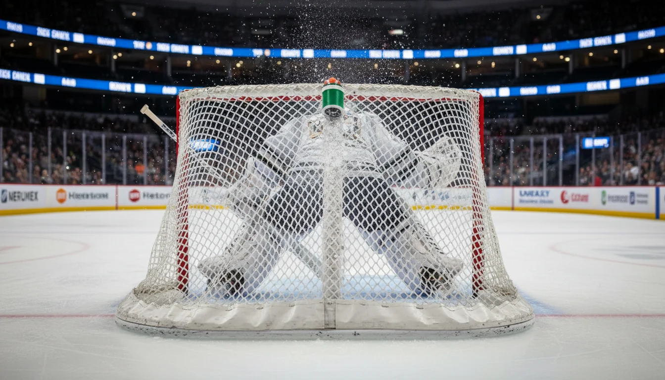 Eishockey-Puck fliegt ins Tor am Torhüter vorbei bei einem Eishockeyspiel