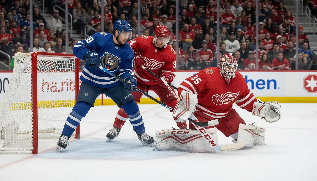 Intensive Eishockey-Playoff-Szene mit Zweikampf vor dem Tor unter grellem Flutlicht