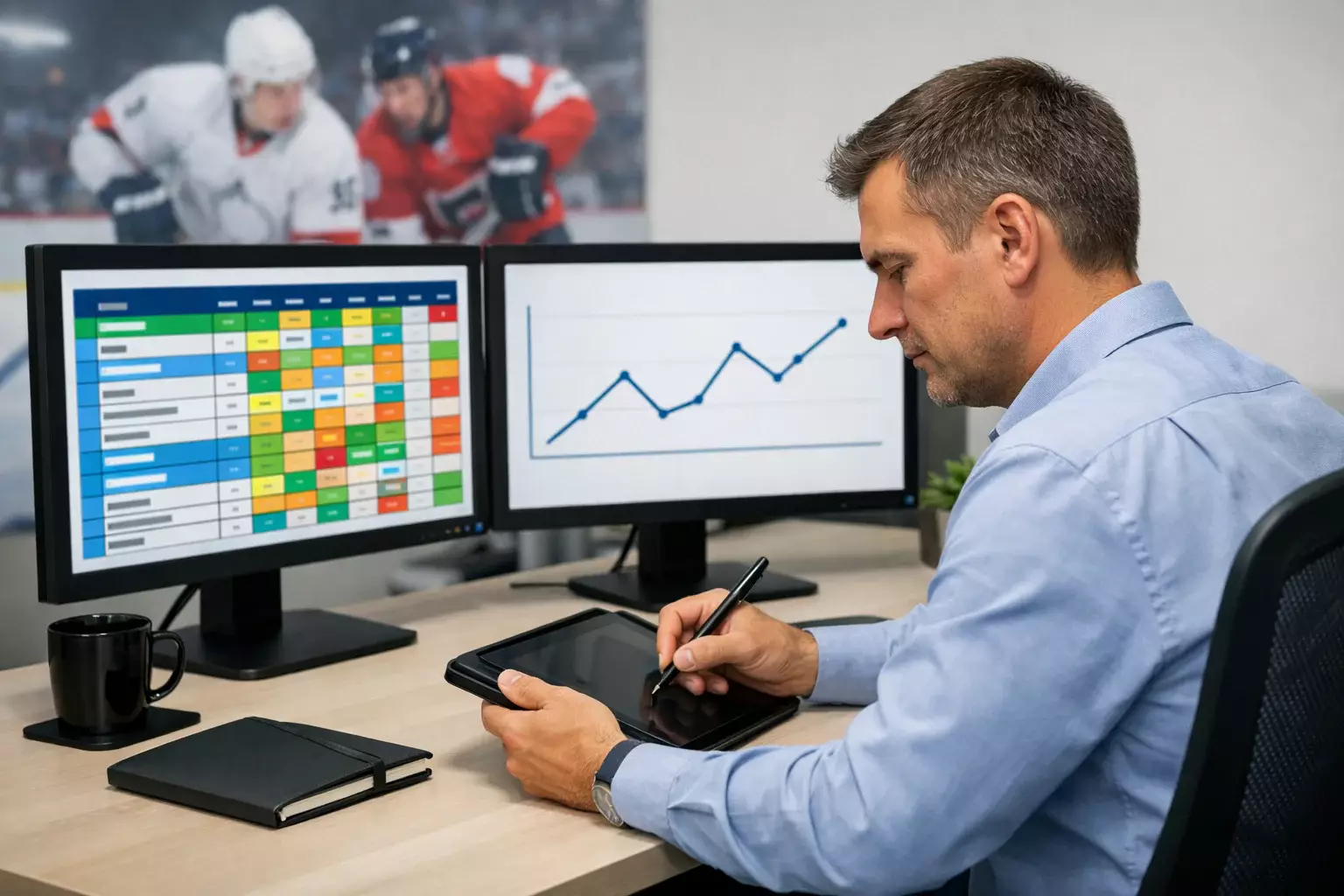 Sportwetten-Experte studiert Quotentabellen auf mehreren Monitoren
