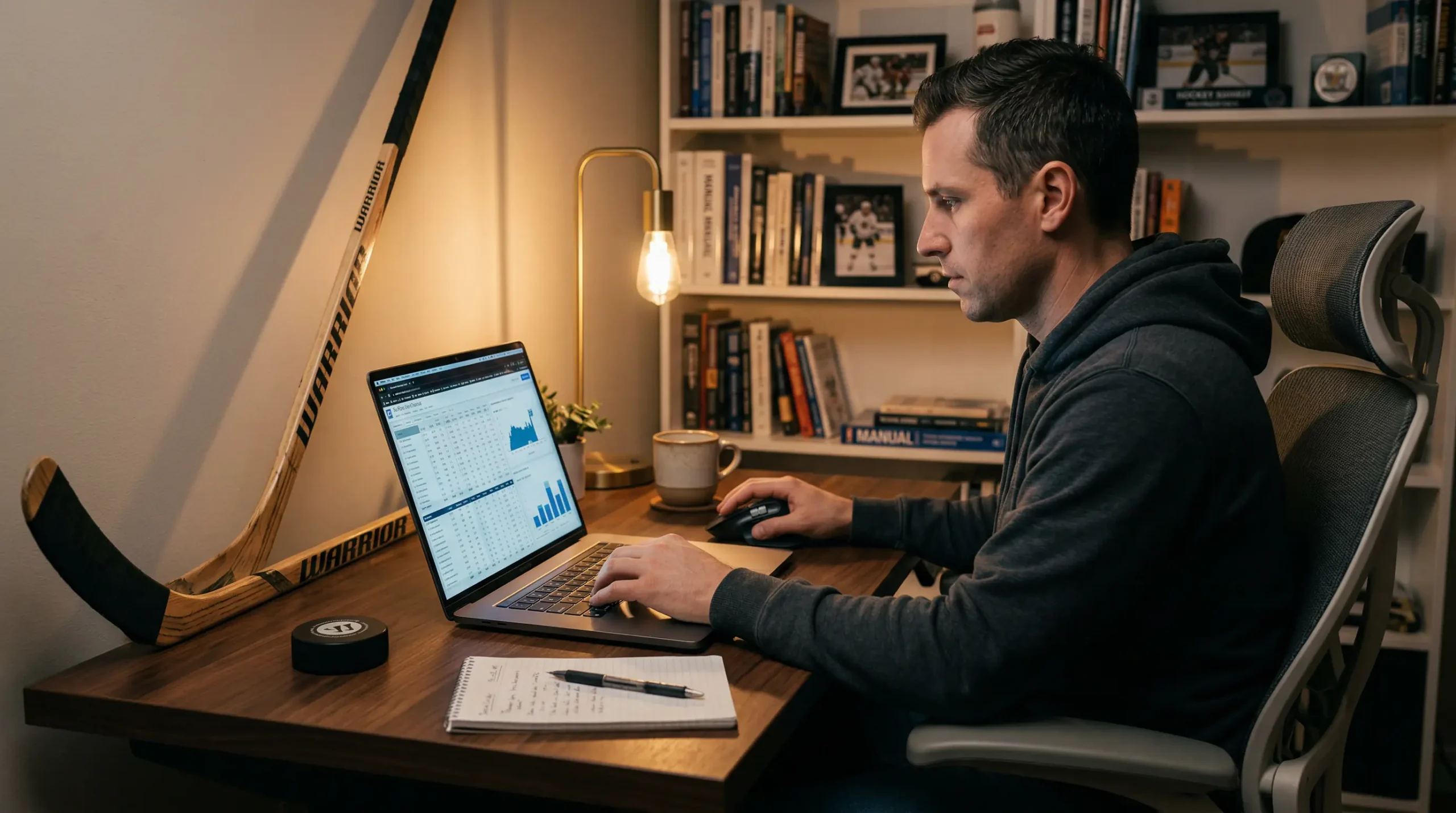 Person analysiert Eishockey-Statistiken auf einem Laptop neben einer Eisbahn