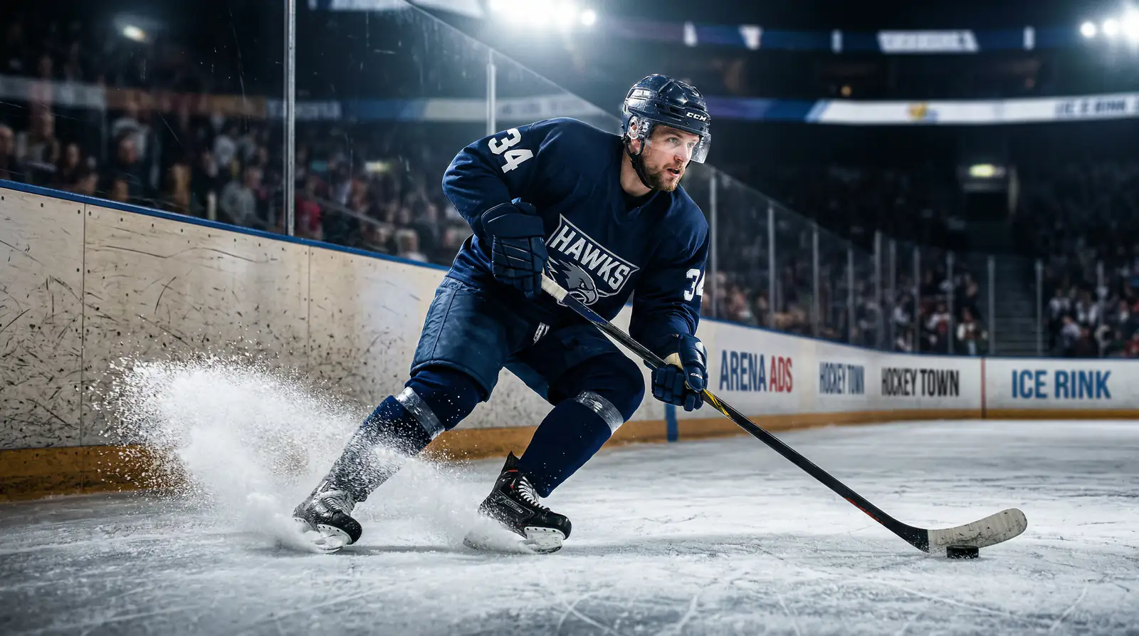 Eishockeyspieler auf dem Eis in Aktion mit Puck, aufgenommen aus niedrigem Winkel