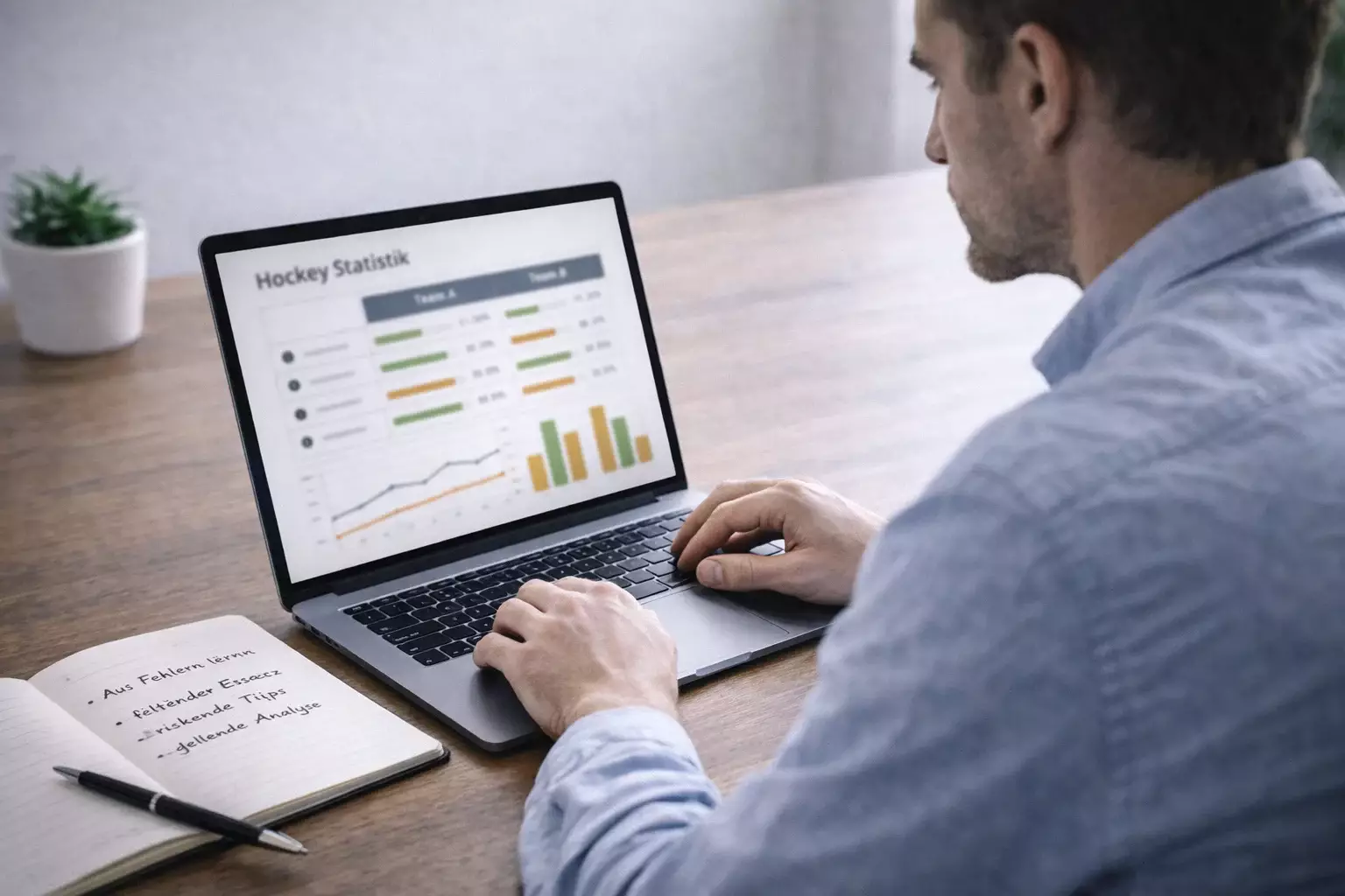 Person analysiert Eishockey-Statistiken auf einem Laptop mit Notizen