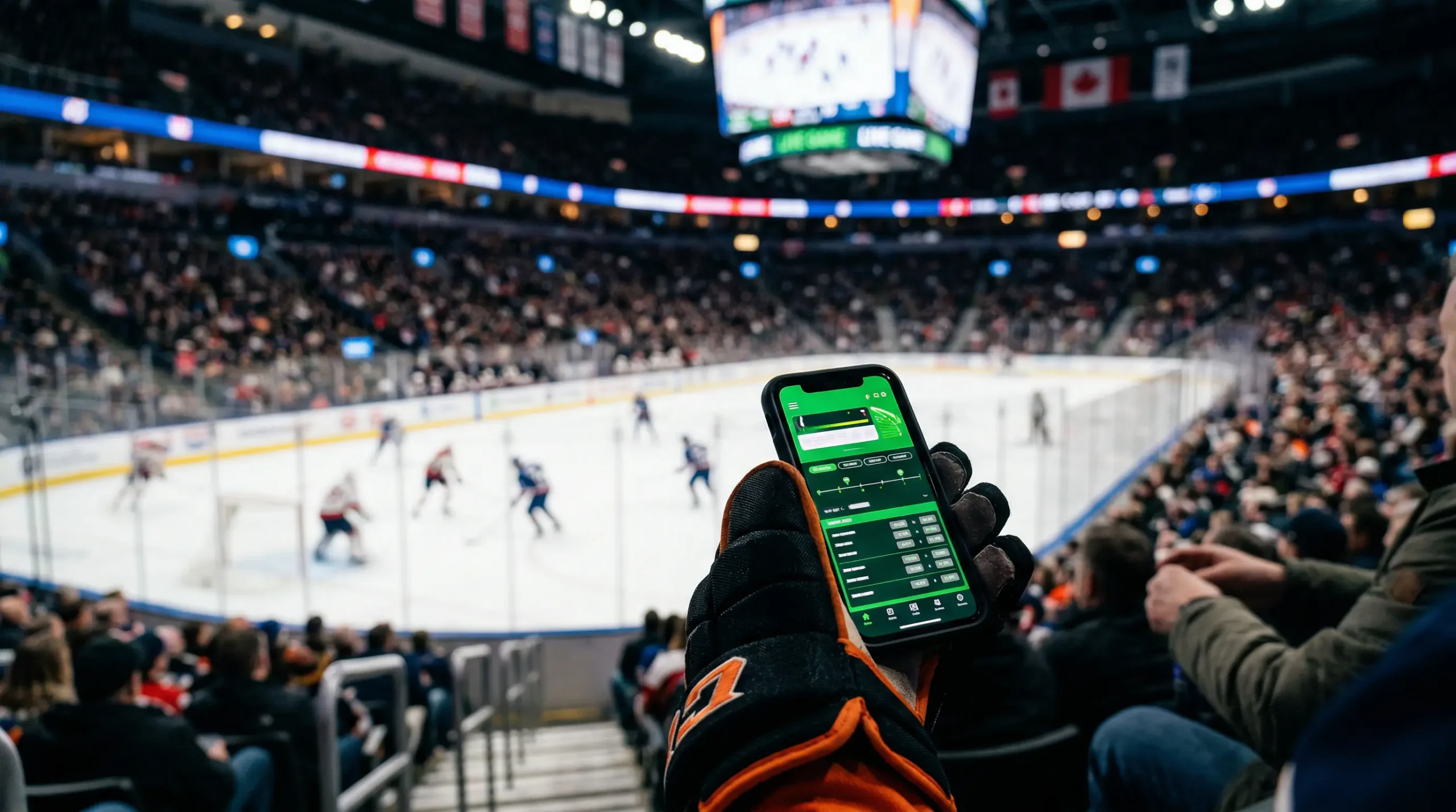 Hand hält Smartphone mit Eishockeyspiel im Hintergrund in einem Stadion