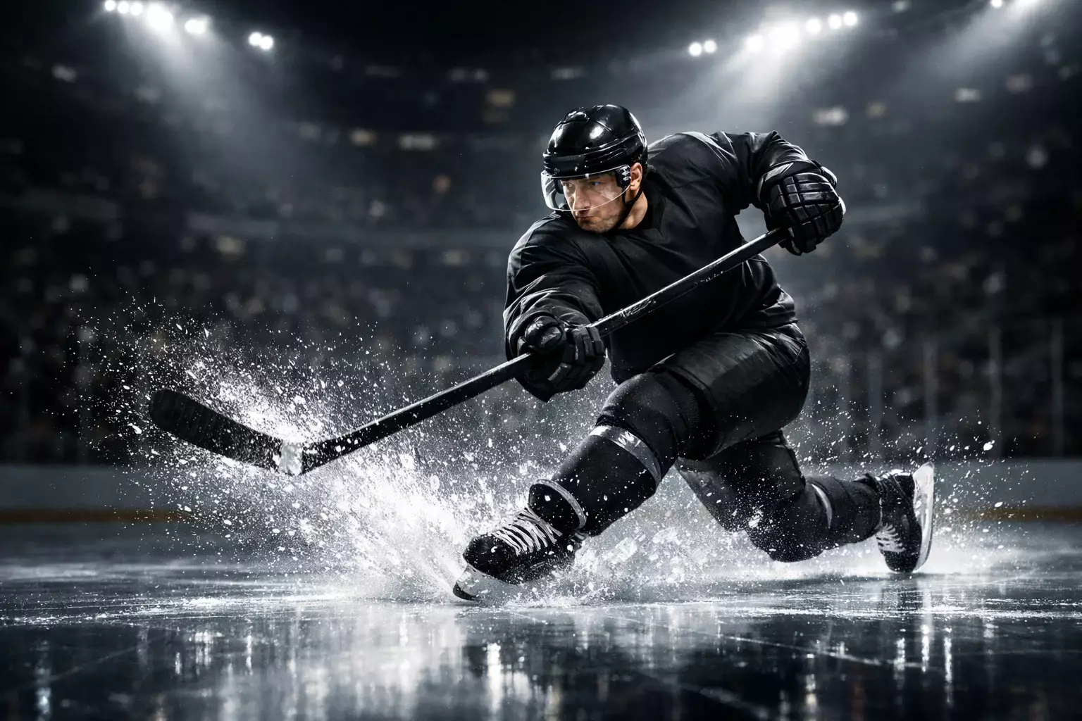 Eishockeyspieler auf dem Eis während eines spannenden Spiels unter Flutlicht