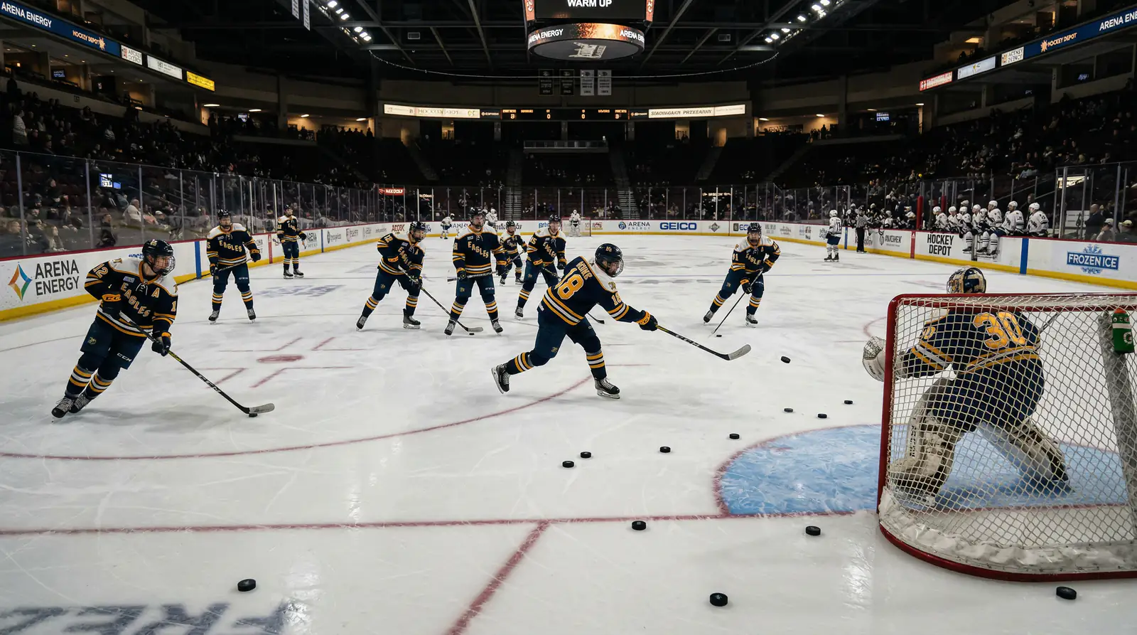 Eishockeymannschaft beim Aufwärmen auf dem Eis vor einem wichtigen Spiel