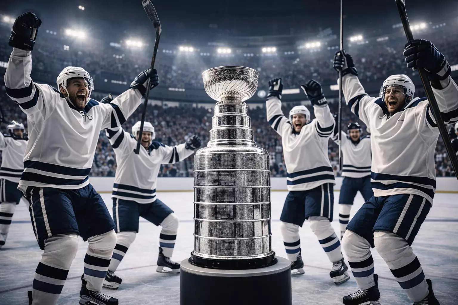 Stanley Cup Pokal umgeben von jubelnden Spielern
