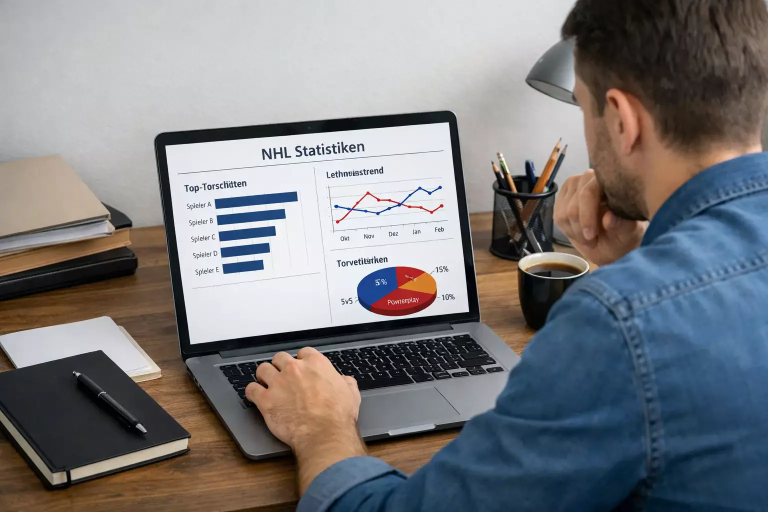 Person analysiert Eishockey-Statistiken auf Laptop