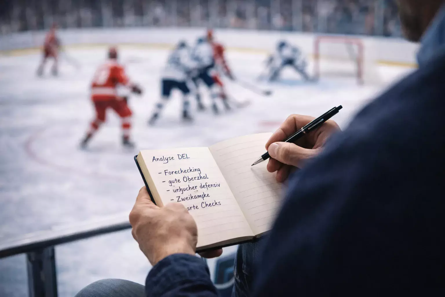 Person macht Notizen während eines Eishockeyspiels im Stadion
