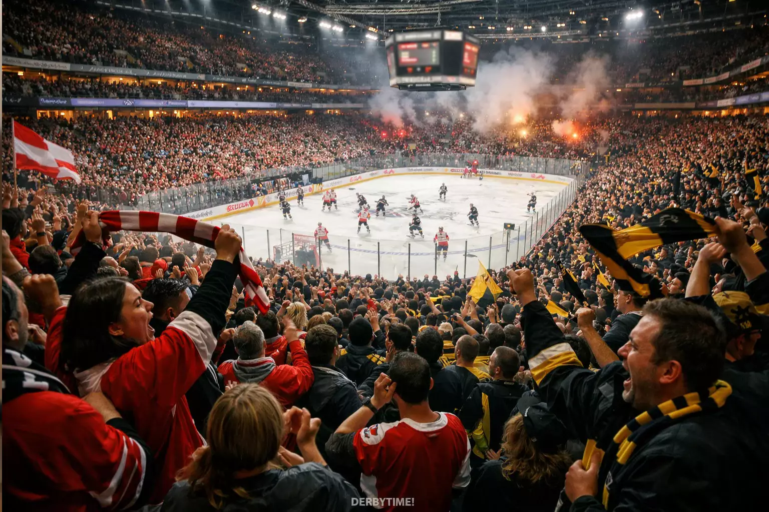 Volle Eishockey-Arena während eines lokalen Derbys