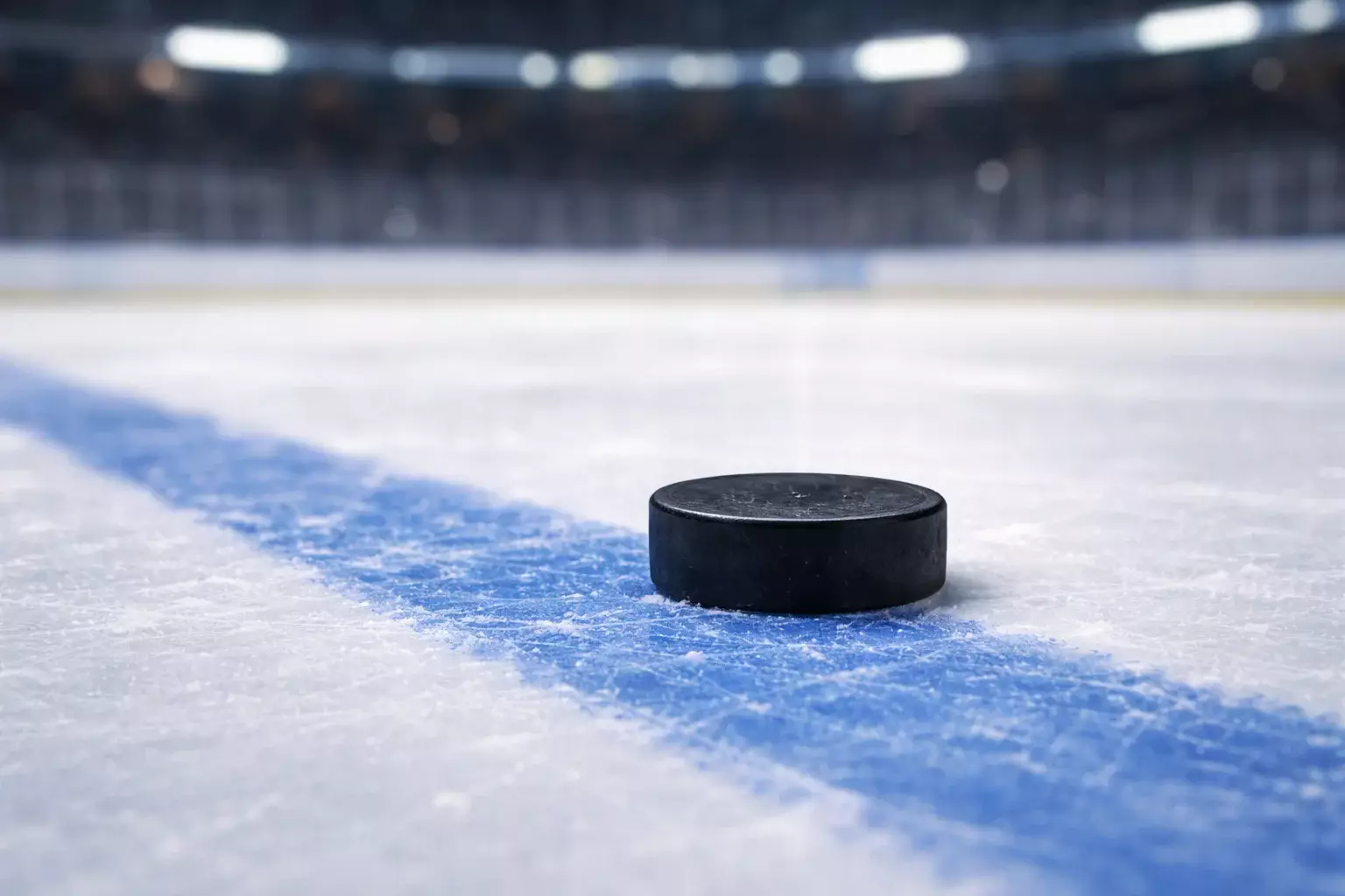 Eishockey-Puck auf der blauen Linie des Spielfelds