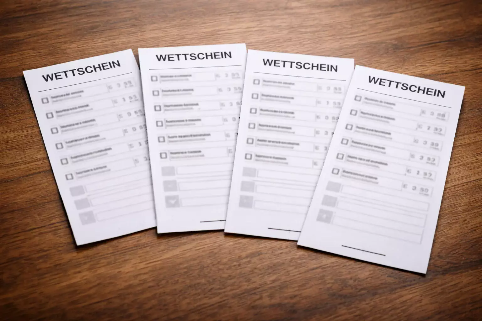 Mehrere Wettscheine nebeneinander auf Holztisch