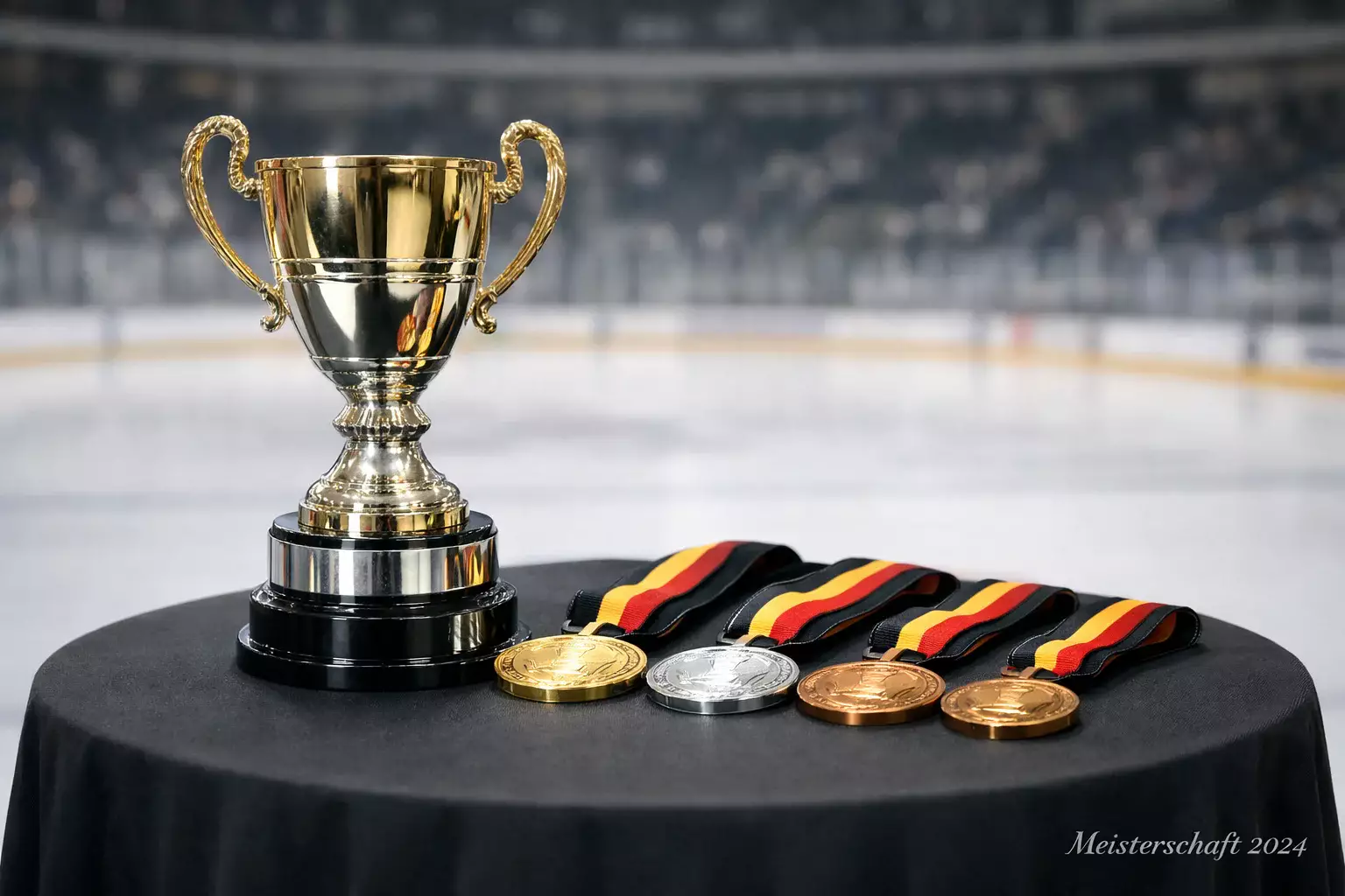 Meisterpokal und Medaillen auf Präsentationstisch
