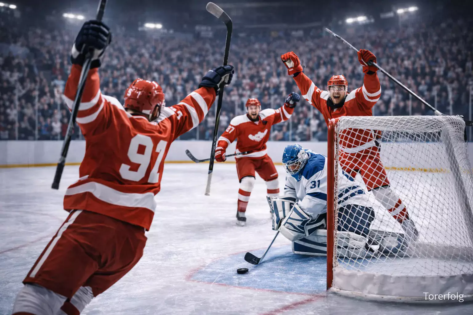 Torerfolg im Eishockey mit Jubel der Mannschaft
