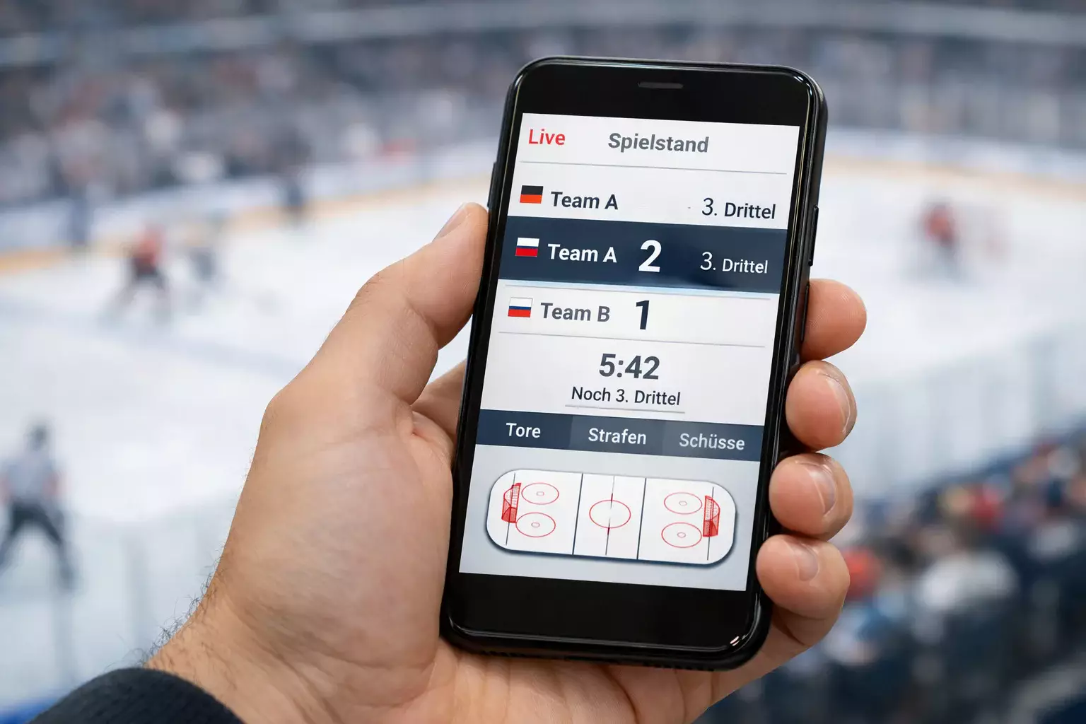 Smartphone zeigt Livescore während Eishockeyspiel