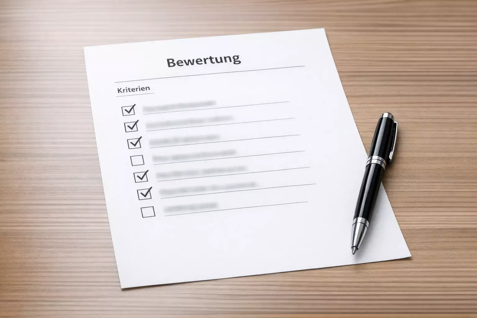 Checkliste und Stift auf Schreibtisch für Bewertungen