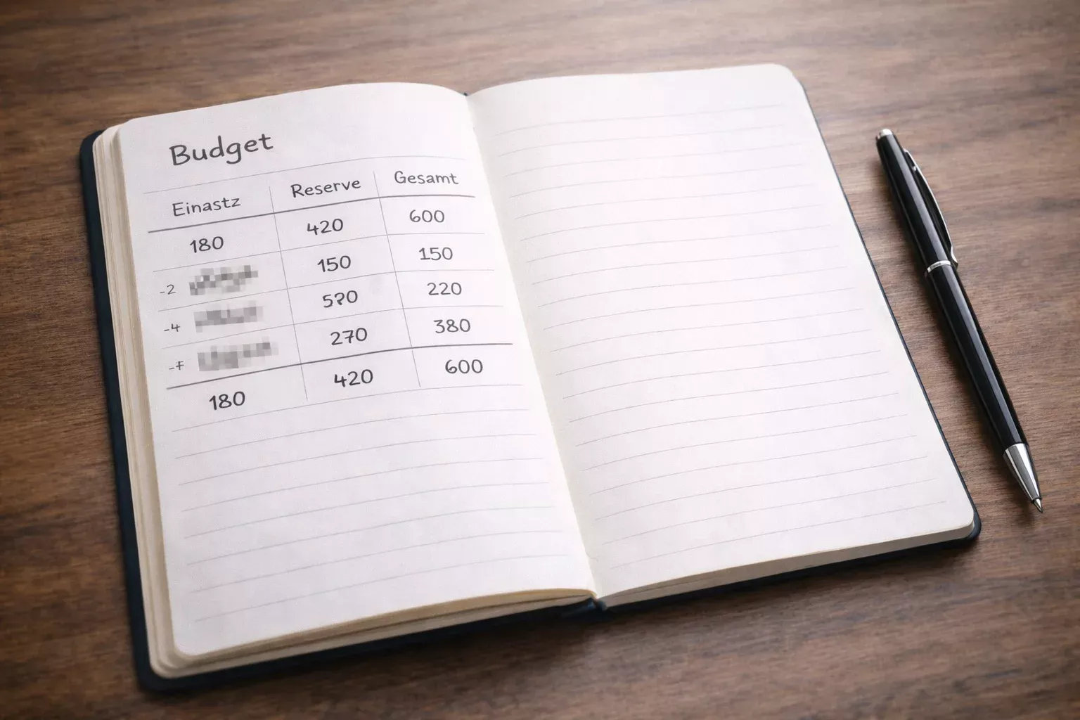 Notizbuch mit Budgetplanung und Stift auf Schreibtisch