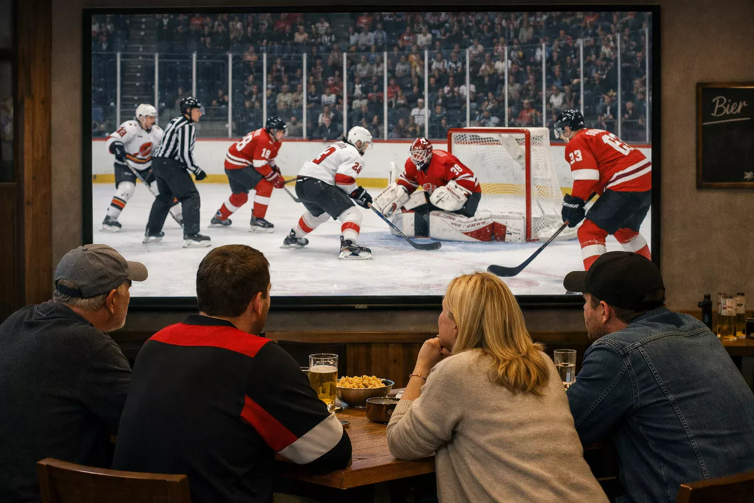 Fans verfolgen Eishockeyspiel live auf Großbildschirm