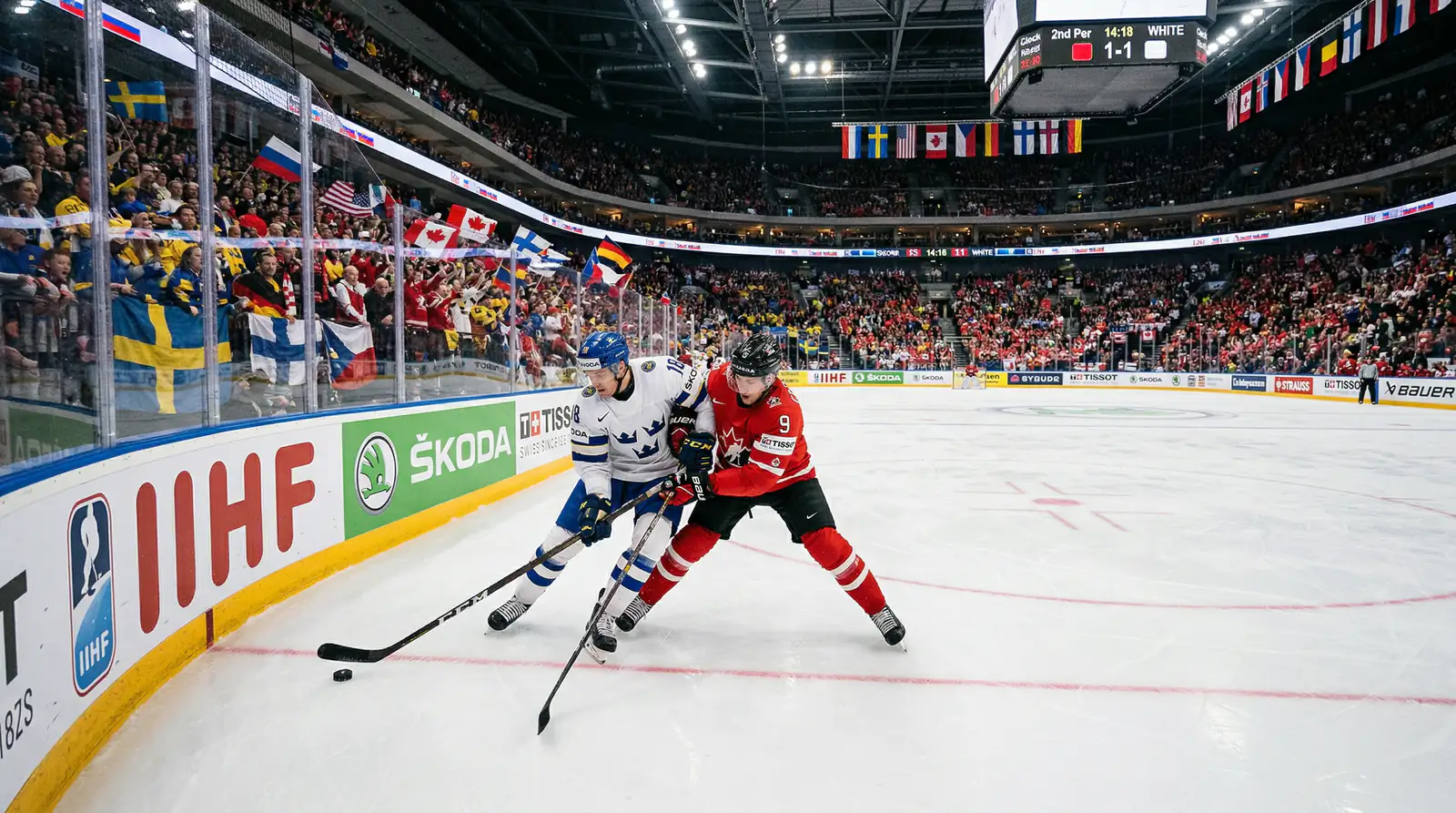 Eishockeyspieler im Nationaltrikot auf olympischem Eis mit fünf Ringen im Hintergrund