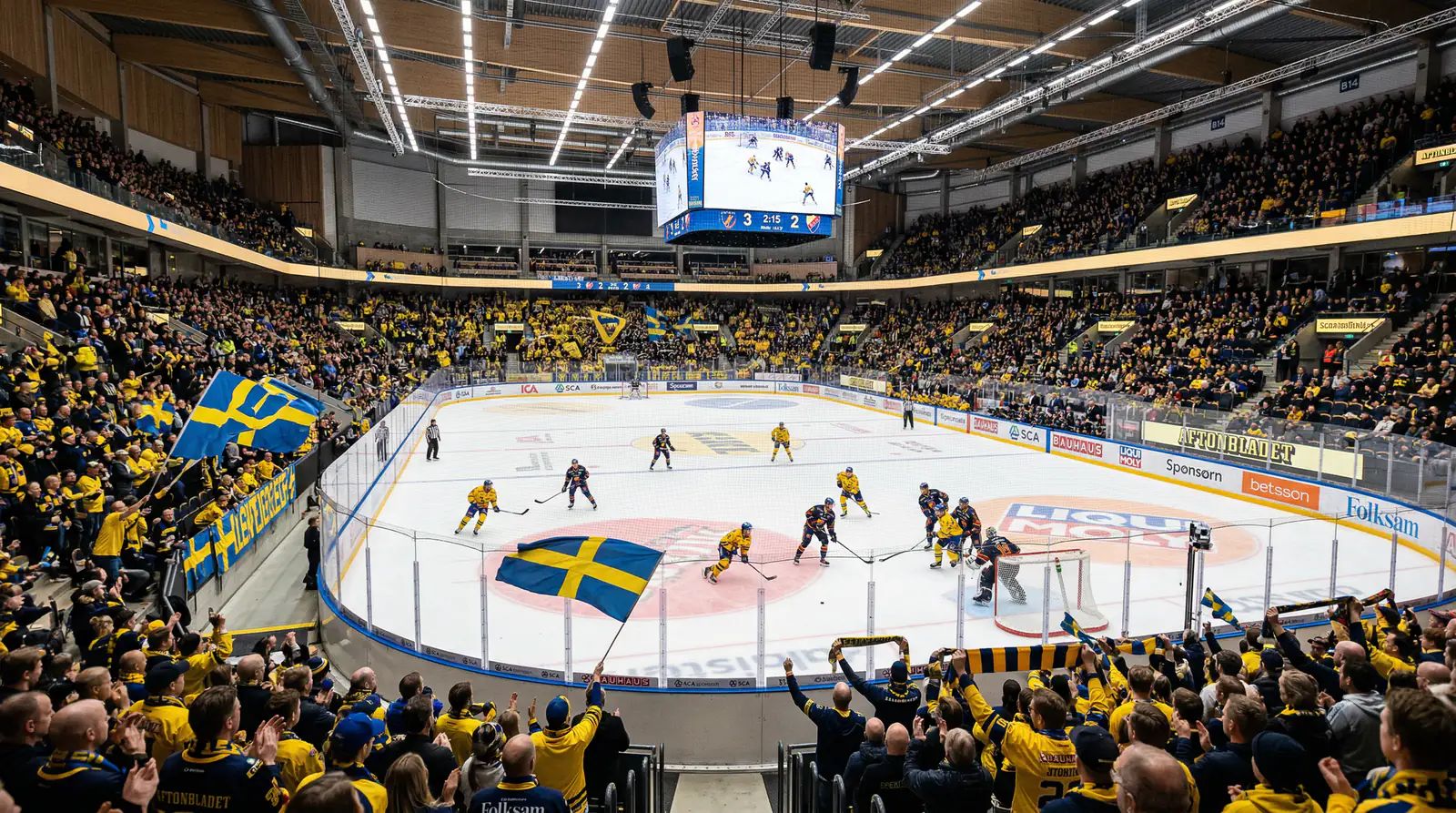 Schwedisches Eishockeystadion mit gelb-blauen Farben und stimmungsvoller Atmosphäre