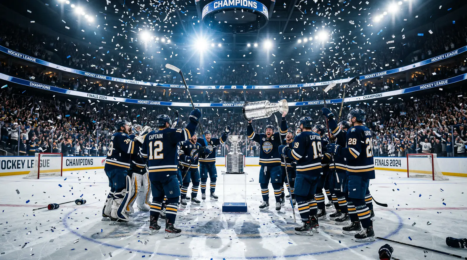 Eishockey-Team feiert mit dem Stanley Cup Pokal auf dem Eis