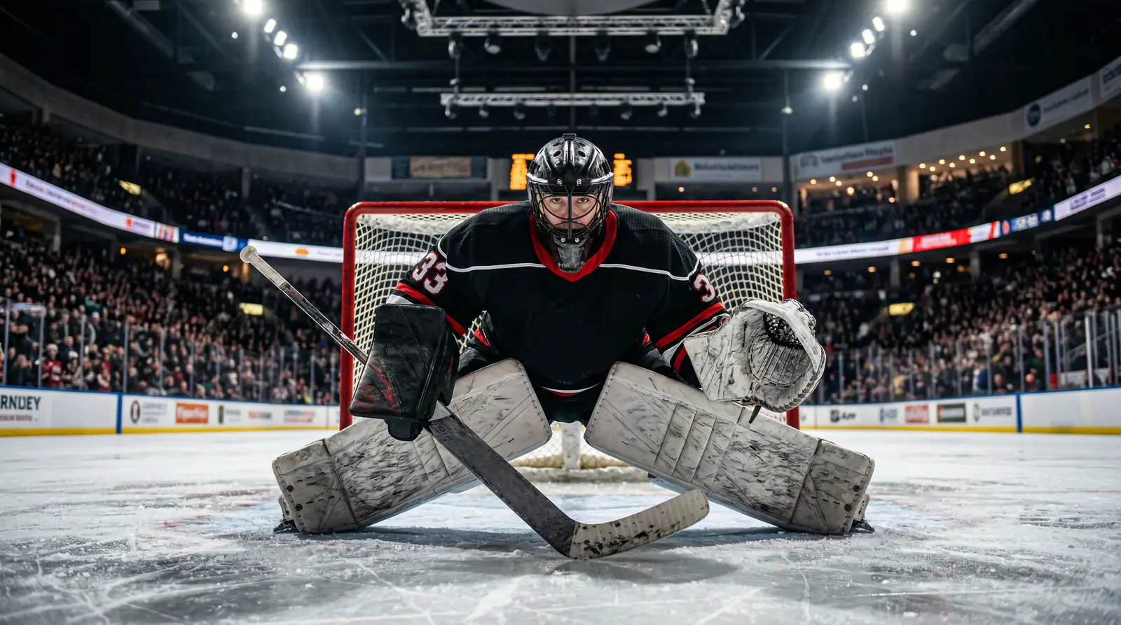 Eishockey-Torhüter in voller Ausrüstung verteidigt konzentriert sein Tor unter Flutlicht
