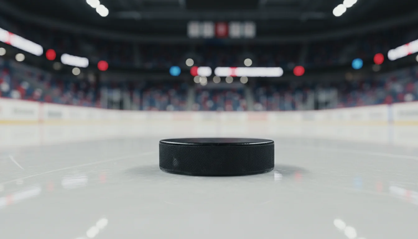 Nahaufnahme eines Eishockey-Pucks auf dem Eis mit Arena im Hintergrund
